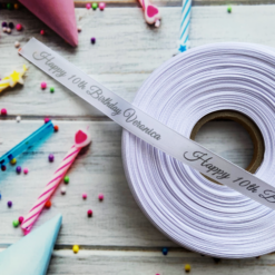 White Ribbon Printed With A Matt Silver Logo Next Day Delivery Personalised Printed Ribbons