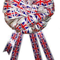 Union jack printed Big bow, great for patriotic celebrations and sport events, available now from Personalised Printed Ribbons 01277 224622