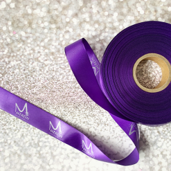 Purple 25mm Wide ribbon With White Logo Print by Personalised Printed Ribbons Next Day Delivery