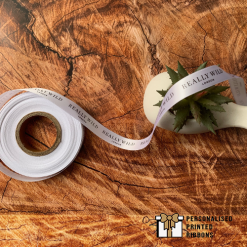 White 15mm wide ribbon black logo print