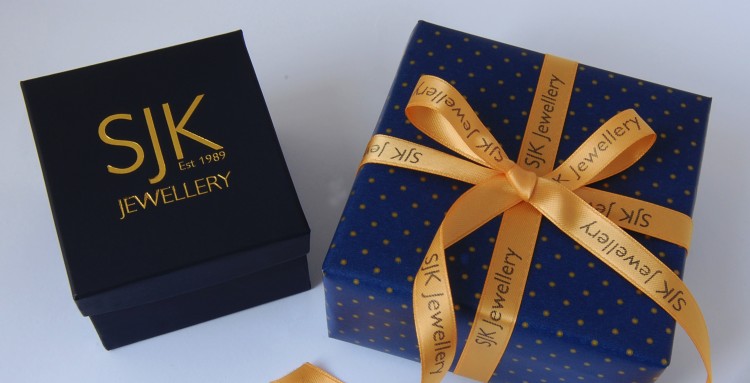 Antique Gold Ribbon Printed with Midnight Blue Company Text For Christmas Gift Wrapping