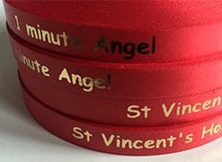 Shiny Gold Print On Red Ribbons For Chrsitmas Charity Baubles