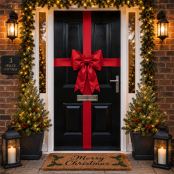 Red padded satin Christmas door bow with matching ribbon on a black front door Image