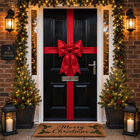 Red padded satin Christmas door bow with matching ribbon on a black front door Image