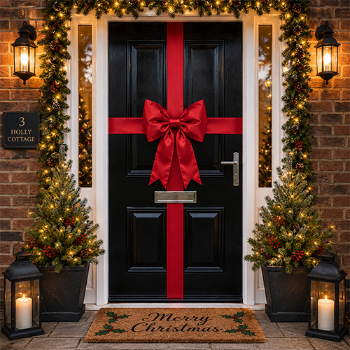 Red padded satin Christmas door bow with matching ribbon on a black front door Image