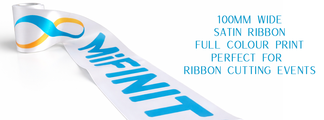 100mm wide white satin ribbon printed with a full colour logo by personalised printed ribbons top image