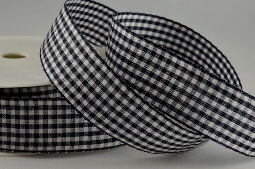 Navy Blue Gingham Printed Ribbon - 10mm (25m)