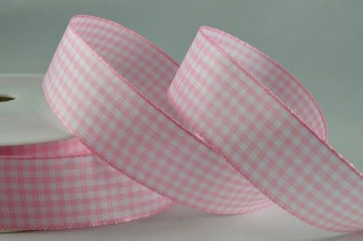 25m Baby Pink Gingham Printed Ribbon - 5mm
