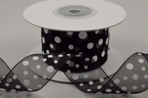 10m Black Organza Polka Dot Ribbon - 25mm