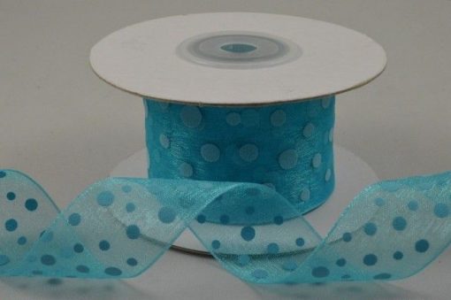 10m Blue Organza Polka Dot Ribbon - 25mm