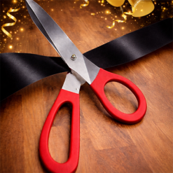 BIG RED HANDLED SCISSORS WITH BLACK RIBBON FOR RIBBON CUTTING EVENTS