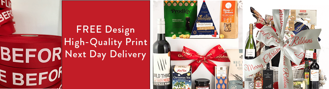 38mm wide printed ribbon hamper ribbon logo text customer ribbon company next day delivery