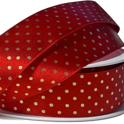 Red Ribbon With Gold Polka Dot Satin Ribbon