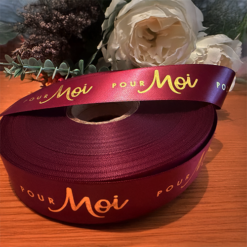 Burgundy Satin Ribbon With A Metallic Gold Print