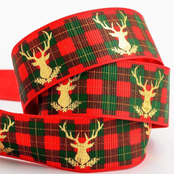 Red Tartan Print Grosgrain Ribbon with Gold Foil Stag