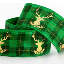 Tartan Print Grosgrain Ribbon with Gold Foil Stag