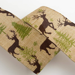 Christmas Natural Stag Wired Edge Hessian Ribbon