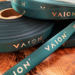 Teal Ribbon With A Metallic Shiny Gold Logo Print Next Day Delivery Personalised Printed Ribbons