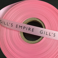 Baby Pink 15mm Wide Satin Ribbon Printed with GAILS bakery branding in black