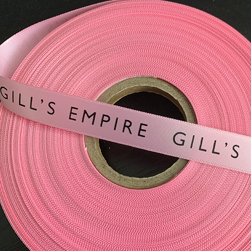 Baby Pink 15mm Wide Satin Ribbon Printed with GAILS bakery branding in black