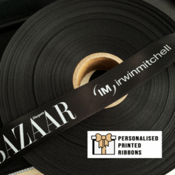 Black Ribbon Printed With White Logo Repeated By Personalised Printed Ribbons Next Day Delivery
