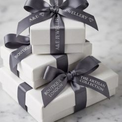 Custom Printed Pewter Grey Satin Ribbon | Luxury Branding