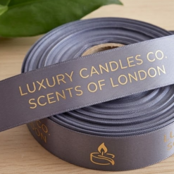 Custom Printed Pewter Grey Satin Ribbon | Luxury Branding