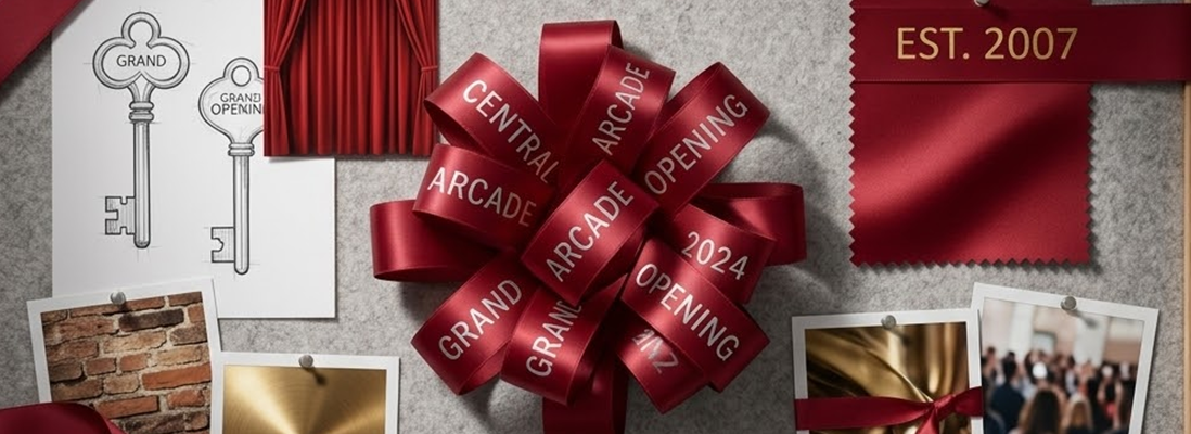 Logo Printed Onto A Dark Red Ribbon