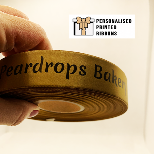 Gold Ribbon Printed With Black Logo By Personalised Printed Ribbons Company Near London Next Day Delivery