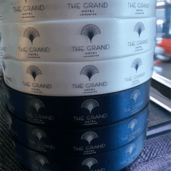 Navy Ribbon With White Print Logo For New Hotel Launch By Personalised Printed Ribbons Company Near London