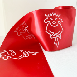 Red Wide Printed Ribbon With Company Logo For A Grand Opening