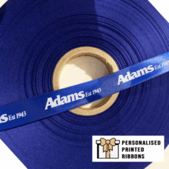 White Logo Printed Onto A Royal Blue Ribbon by Personalised Printed Ribbons Company Near London