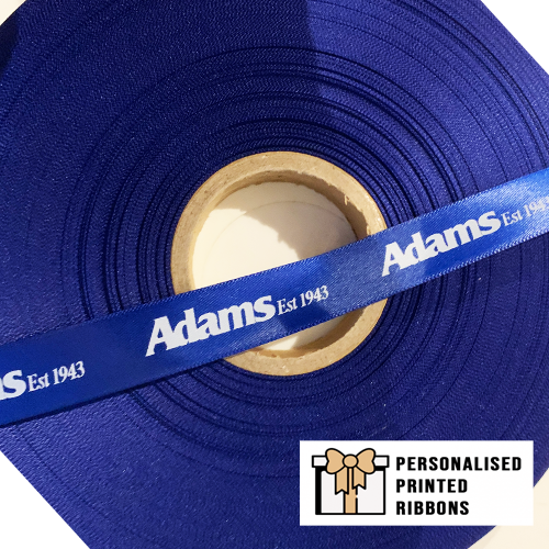 White Logo Printed Onto A Royal Blue Ribbon by Personalised Printed Ribbons Company Near London