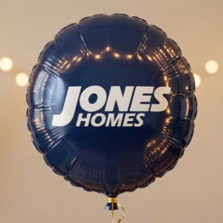 navy foil balloons with white logo print