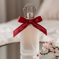 Elegant perfume bottle with cherry red logo printed ribbon