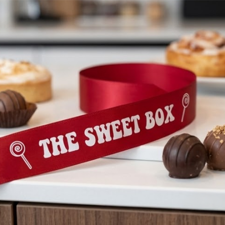 Cherry Red Ribbon Printed with your logo or text in white Customised By Personalised Printed Ribbons Company