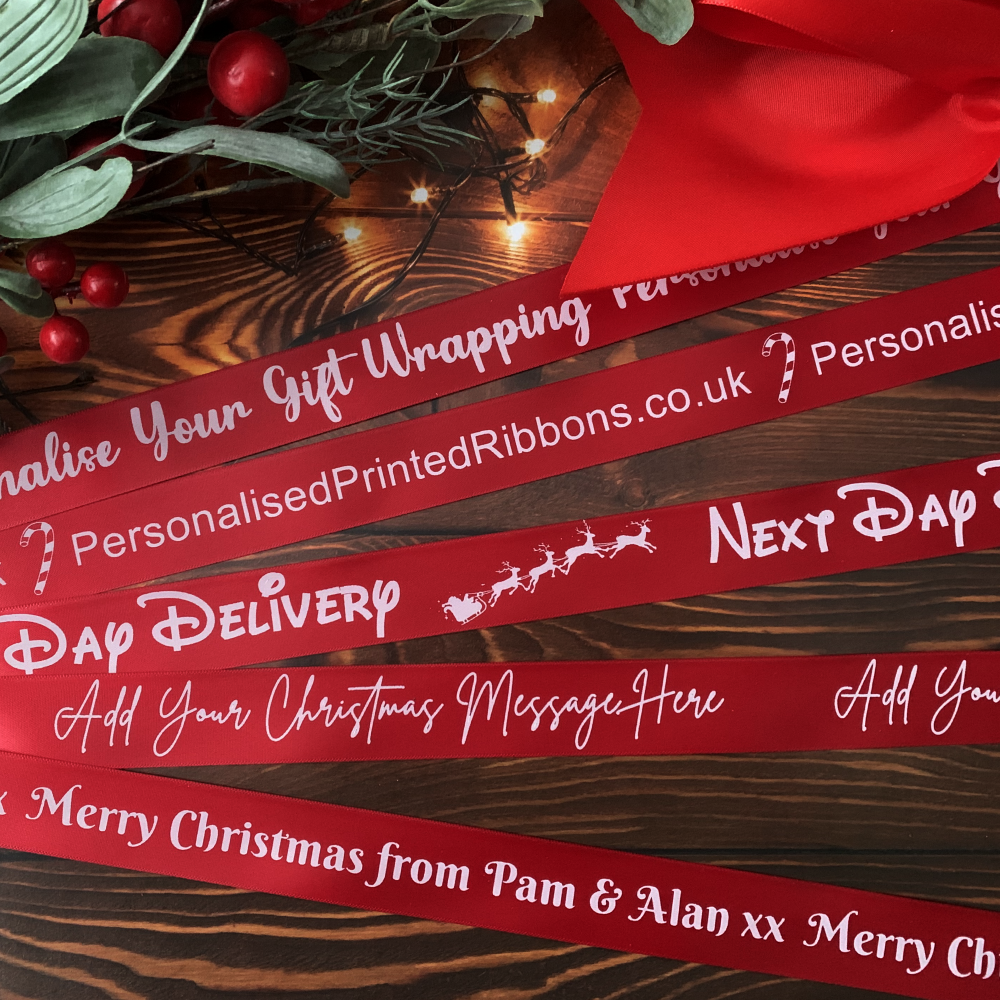 Custom printed Ribbons By Personalised Printed Ribbons For Christmas Gift Wrapping, Hampers, Gifting, Business, Corporate, Home Next Day Delivery