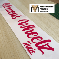 White Grand Opening Ribbon Bright Pink Logo Print by Personalised Printed Ribbon Company Near London Next Day Delivery