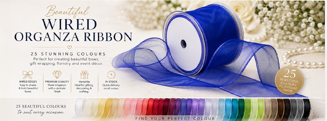 Luxury wired organza ribbon available in 25 colours for bows, gift wrapping, floristry and wedding décor