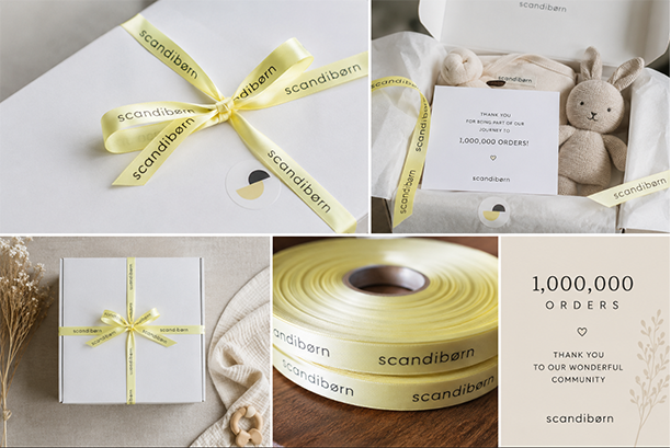 1 million order celebration with lemon ribbon dark grey branded ribbons Scandibørn next day delivery