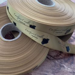 Antique Gold Ribbon Printed With Logo In Black For A Candle Company Branding
