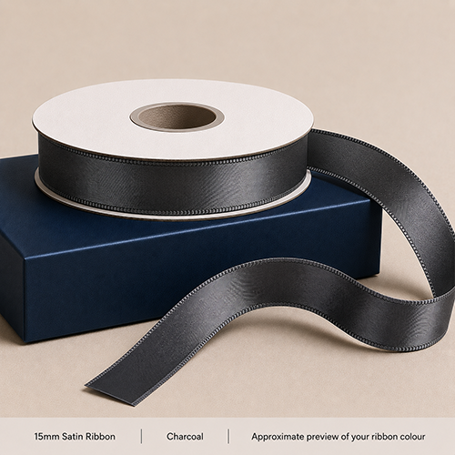 Charcoal Grey Printed Satin Ribbon 15mm