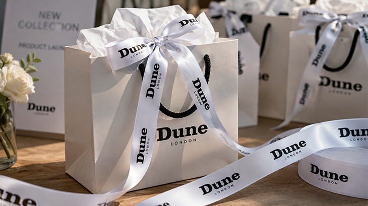 Dune London personalised printed ribbon decorating gift bags for a product launch