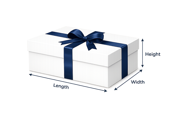 Gift box diagram showing length, width and height for the ribbon calculator