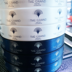 Navy Satin Ribbon With White Logo Hotel Print