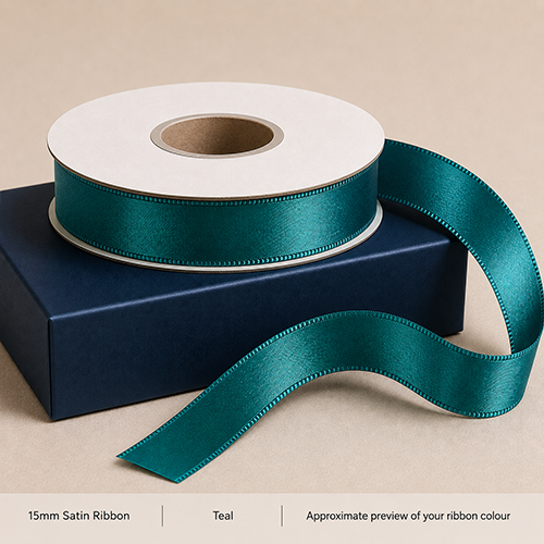 Teal Printed Satin Ribbon 15mm