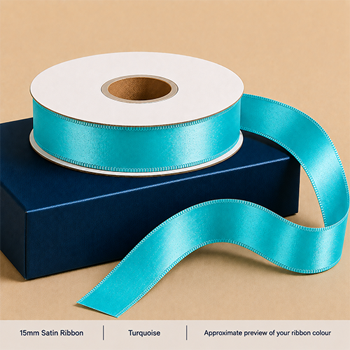 Turquoise Blue Printed Satin Ribbon 15mm