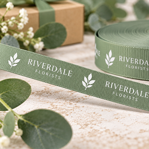 15mm printed grosgrain ribbon with white logo print