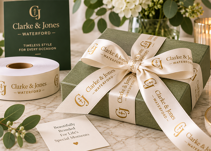 Cream satin ribbon custom printed with metallic gold logo